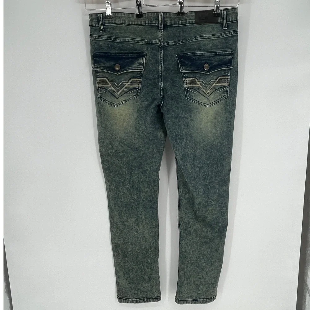Benjamin Black Mens Jeans 38x32 Acid Wash Distressed‎ Moto Denim Flap Pocket
